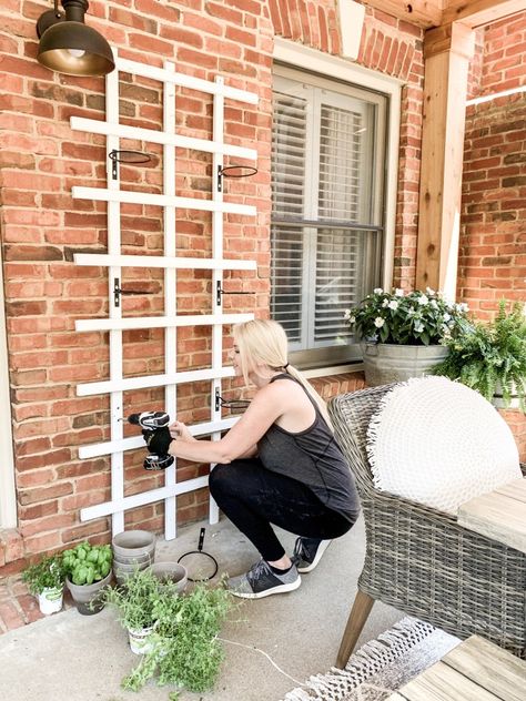 Simple DIY Wall Herb Garden | Bless This Nest #blessthisnestblog #diy #garden #gardenideas #trellis #herbgarden #outdoorliving #outdoorspace #diyherngarden #claypots #herbs Outdoor Wall Plants Ideas, Herb Garden On Wall, Ikea Herb Garden Wall Planters, Diy Vertical Planter Wall, Vertical Herb Garden Wall Patio, Living Herb Wall Outdoor, Vertical Garden Wall Herbs, Outdoor Wall Shelves, Herb Garden Front Porch