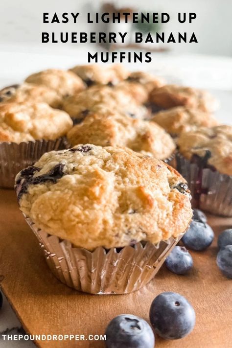 If you love my One Point Blueberry Muffins then you will love these Easy Lightened Up Banana Blueberry Muffins! They are packed with protein and loaded with blueberries and bananas! via @pounddropper Healthy Banana Blueberry Muffins, Blueberry Banana Muffins, Banana Blueberry Muffins, Kodiak Cakes, Healthy Banana, 140 Pounds, Banana Blueberry, Banana Healthy, Blueberry Muffins