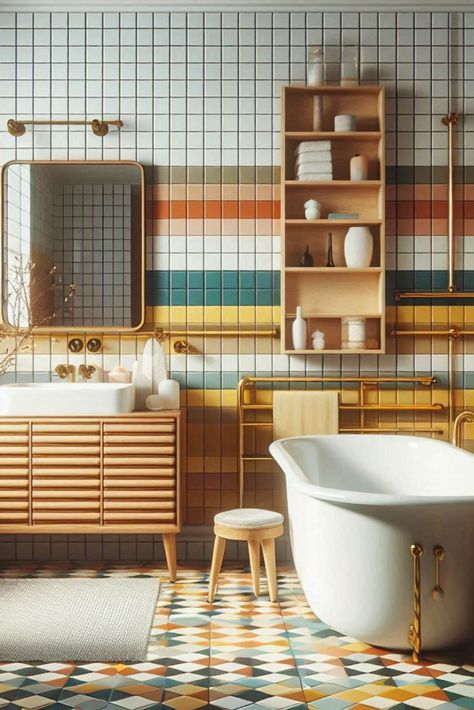 Take a trip back in time with these retro-inspired colorful square tiles. Arrange in a grid for maximum nostalgic impact. #RetroTiles #ColorfulGrid Retro Tile Bathroom, Retro Tile, Interior Design Bathroom, Retro Bathroom, Retro Tiles, Square Tiles, Tiles Ideas, Retro Revival, Square Grid