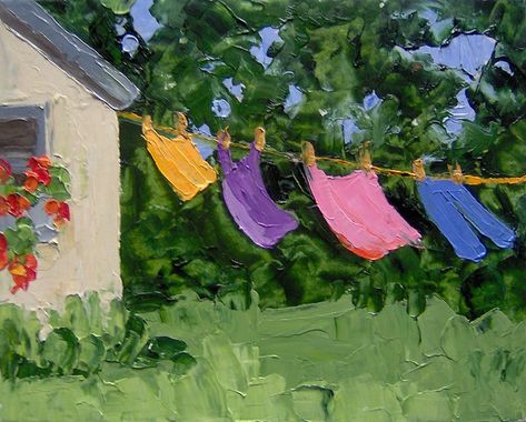 Abstract Farm Painting, Clothesline Painting, Easy Farm Paintings, Cottage Art Painting, Laundry Painting, Farm Painting, Laundry Art, Acrylic Painting Inspiration, Farm Paintings