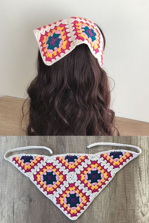 Granny Square Scarf Pattern, Granny Square Patterns, Granny Square Scarf, Scarf Designs, Crochet Bandana, Crochet Earrings Pattern, Crochet Hair Accessories, Crochet Granny Square, Crochet Stitches For Beginners