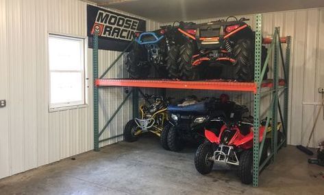 Snowmobile Storage, Atv Storage, Garage Organization Shelves, Garage Wall Shelving, Garage Organization Systems, Garage Storage Ideas, Motorcycle Storage, Garage Organisation, Storage Ideas Diy