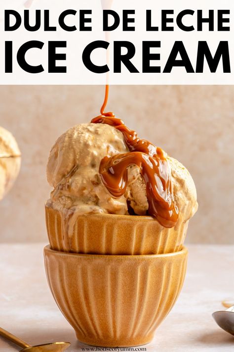 This easy to make Dulce de Leche Ice Cream is cold, creamy and loaded with rich caramel flavor. Made with heavy cream and no eggs this homemade ice cream comes together quick and easy. A fun summer Mexican dessert recipe. Mexican Ice Cream Recipe, Homemade Caramel Ice Cream, Honey Ice Cream Recipe, Ice Cream Machine Recipes, Custard Ice Cream Recipe, Caramel Ice Cream Recipe, Mexican Ice Cream, Best Ice Cream Flavors, Ice Cream From Scratch