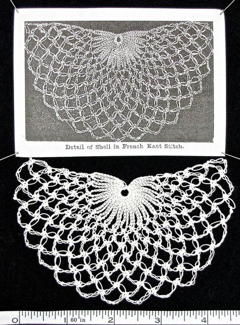 "French Knot Stitch Scollop" from a turn of the century Weldon's volume  (28th Series, not dated). Oddly, these are *not* love knots. This combination of long and short chain stitches has an interesting effect as a mesh. Practical Crochet, Knot Stitch, Love Knots, Loop Stitch, French Knot Stitch, Crochet Classes, Crochet Bolero, Crochet Wrap, Not Love