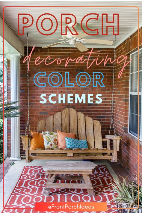 Do you want to add color to your front porch but aren't sure how? Check out our post about front porch color schemes. We gathered some of the most colorful front porch color schemes that can be tailored to any front porch.Decorate your front porch in a variety of colors perfect for any exterior! Porch Colors Scheme, Front Porch Color Scheme, Front Porch Colors, Porch Themes, Colorful Front Porch, Front Porch Chairs, Front Porch Design Ideas, Front Porch Remodel, Front Porch Addition