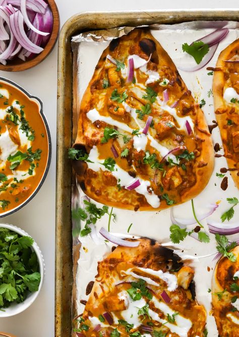 Butter Chicken Naan Tacos, Butter Chicken Flatbread, Butter Chicken Naan Pizza, Naan Butter Chicken, Butter Chicken With Naan, Butter Chicken Naan, Chicken Naan Pizza, Butter Chicken Pizza, Naan Pizza Recipes