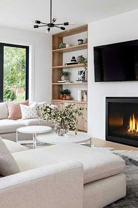 Built In Gas Fireplace, Slab Fireplace, Stove Wall, Lakeside House, Basement Reno, Living Room Decor Fireplace, White Shiplap, Luxurious Home, Home Fireplace