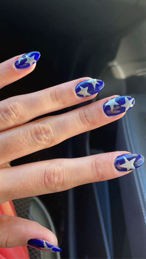 Blue Star Nails, Blue And Silver Nails, Silver Nail Designs, Formal Nails, Blue Acrylic Nails, Summery Nails, Waste Of Time, Blue Nail Designs, Star Nails