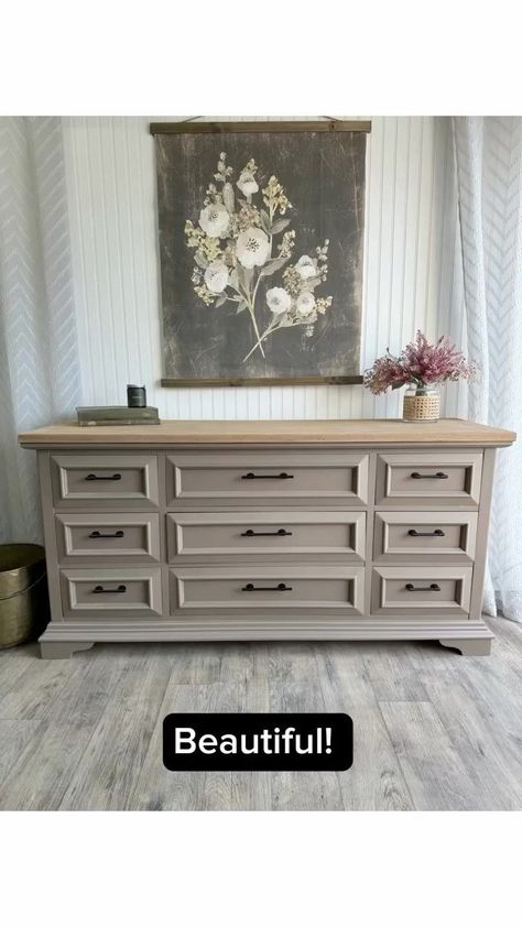 Designer Dresser Furniture, Two Color Dresser Makeover, Paint And Stained Furniture, White And Natural Wood Furniture, Diy Paint Furniture Ideas, Dresser Restoration Ideas, Paint A Dresser Diy, Decorate Above Dresser, Custom Dresser Ideas