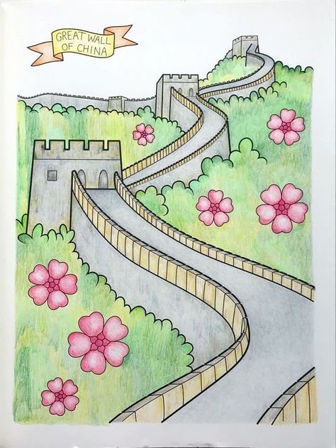 Great Wall Of China Drawing, China Drawing, Basic Drawing For Kids, Beginner Drawing Lessons, Concert Poster Art, Pencil Drawings For Beginners, Easy Art For Kids, Drawing Competition, Drawing Lessons For Kids