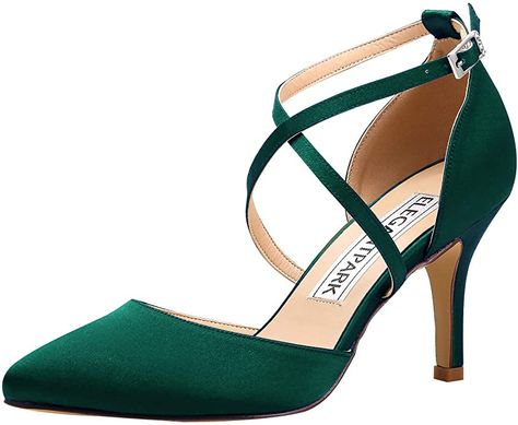 Amazon.com | ElegantPark HC1901 Dark Green Heels Pointed Toe Shoes for Heels and Pumps Cross Strappy High Heels Pumps Satin Wedding Evening Party Dress Shoes US 9 | Pumps Reception Shoes, Satin Wedding Shoes, Green High Heels, Wedding Evening Party, Green Heels, Strappy Shoes, Bridal Heels, Strappy High Heels, Bridesmaid Shoes