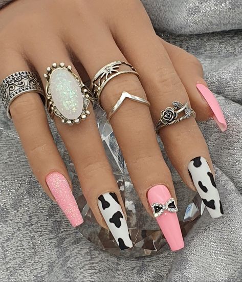 Detailed Nail Art, Cow Print Nails, March Nails, Neon Nail Designs, Cow Nails, Print Nails, Floral Decal, Glitter Top, Tiny Bow