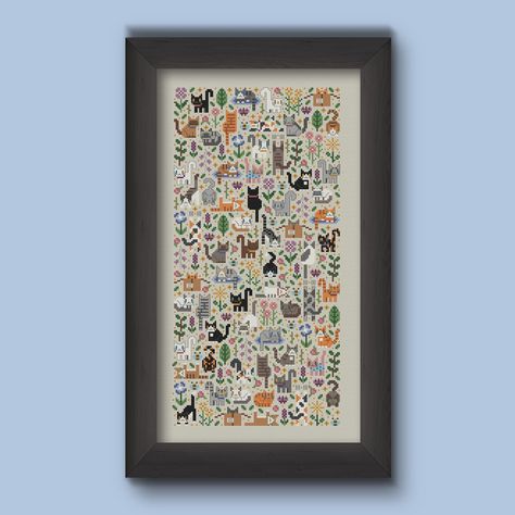 Garden Cross Stitch Pattern, Cat Cross Stitch Charts, Garden Cross Stitch, Cross Stitch Cat, Garden Cross, Cute Kitties, Cat Cross Stitch Pattern, Cat Garden, Cat Cross Stitch