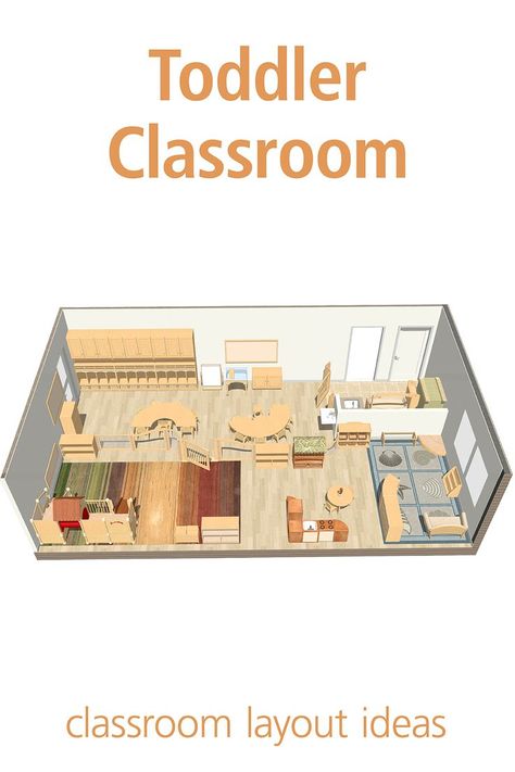 This classroom layout plan is designed for a group of 12 children aged 18 – 24 months, and features a room divider with a gate that creates a safe play area. Daycare Design Layout, Toddler Classroom Layout, Daycare Center Layout, Kindergarten Classroom Layout, Preschool Room Layout, Montessori Toddler Classroom, Montessori Classroom Layout, Toddler Daycare Rooms, Montessori Preschool Classroom