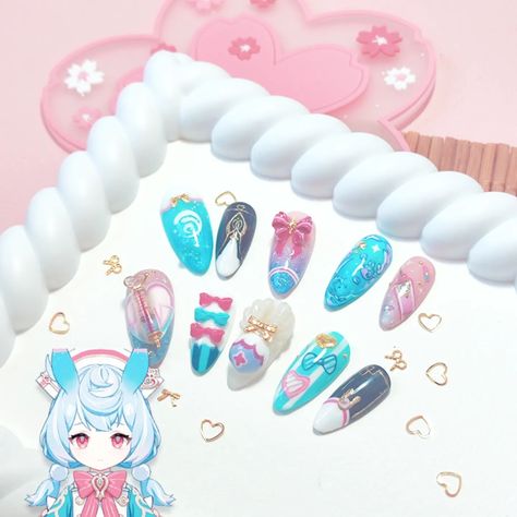 ⋆ yora nails ⋆ (@yoranail) • Instagram photos and videos Genshin Acrylic Nails, Genshin Inspired Nails, Genshin Impact Nails Design, Vivxue Nails, Sigewinne And Clorinde, Genshin Nails, Nail Art Designs Diy, Iphone Wallpaper Themes, Nail Inspo