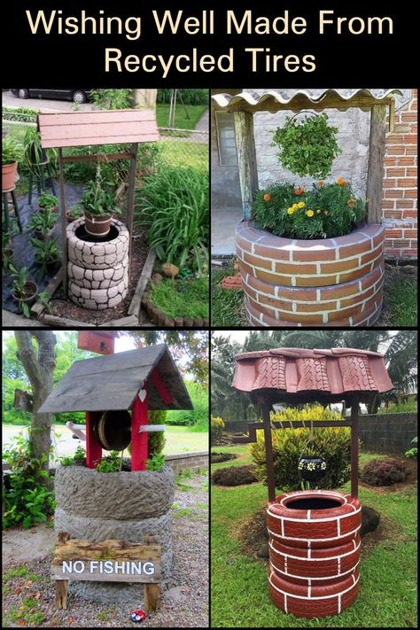 Diy Water Well Decoration, Water Well Decoration Garden Ideas, Corner Yard Decorating Ideas, Tire Wishing Well Diy, Diy Garden Well, How To Make A Wishing Well, Garden Wishing Well Ideas, Community Art Projects Outdoor, Garden Well Water Feature