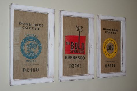 So clever -- the work of Tammy at Housing a Forest.  Repurposed coffee sacks and vintage windows. Cafe Theme, Coffee Bean Sacks, Burlap Coffee Bags, Artsy Projects, Coffee Bean Bags, Coffee Sack, Coffee Sacks, Burlap Projects, Graphic Wall Art