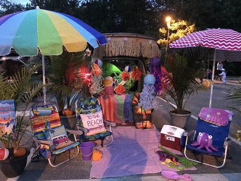 Beach Trunk Or Treat Ideas, Trunk Or Treat Pool Theme, Aloha Trunk Or Treat, Trunk Or Treat Beach Theme, Tropical Trunk Or Treat, Beach Theme Trunk Or Treat, Beach Trunk Or Treat, Island Trunk Or Treat, Trunk Or Treat Ideas For Cars Ocean Theme