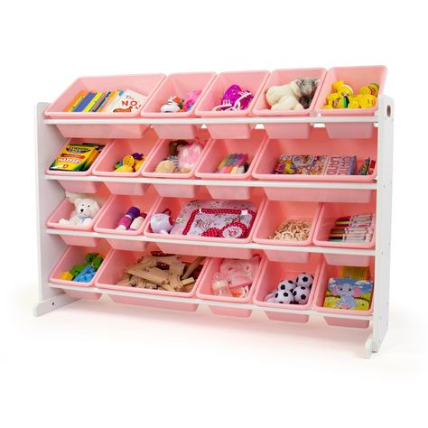 Humble Crew Charlotte White/Pink Extra Large Toy Storage Organizer with 20 Storage Bins Large Toy Storage, Toy Storage Organizer, Toy Storage Bins, Kids Toy Organization, Toy Organizer, Colorful Storage, Steel Shelving, Wooden Organizer, Toy Storage Organization