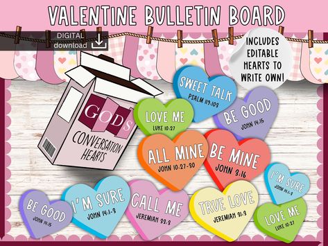 christian bulletin board | valentine bulletin kit | scripture display | love heart lettering | God Jesus class decor by SlidesAndStyle on Etsy Heart Lettering, Valentine Bulletin Boards, Christian Bulletin Boards, Bulletin Board Design, Class Decor, Conversation Hearts, Valentine Theme, Class Decoration, Converse With Heart