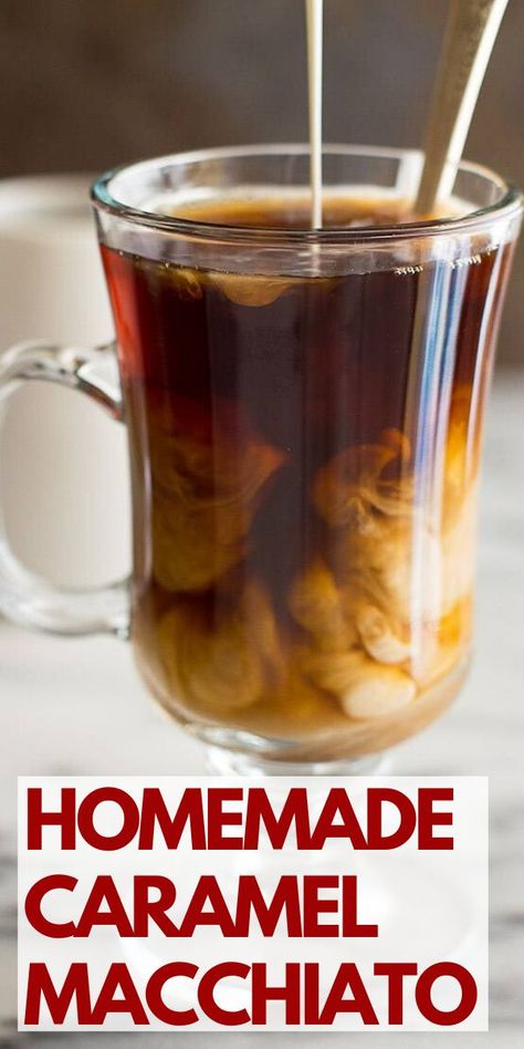 An easy recipe for Starbucks' caramel macchiato, with homemade caramel sauce. Caramel Macchiato Creamer Recipe, Starbucks Caramel Macchiato Recipe, Homemade Caramel Macchiato, Starbucks Caramel Macchiato, Baking Mischief, Flavored Coffee Recipes, Carmel Macchiato, Caramel Macchiato Recipe, Easy Breakfast Sandwich