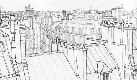 I like to imagine that despite his brusque American-ess, Harris likes to sketch the view from his room while he ponders the clues. I think he secretly loves the Parisian rooftops and they hold the last remnants of that Paris magic for him. Roof Top Drawing Reference, Rooftop Drawing, Rooftop Illustration, Rooftops In Paris, Rooftops Illustration, Architect Sketchbook, Paris Skyline Illustration, Paris Rooftops Illustration, Cityscape Drawing