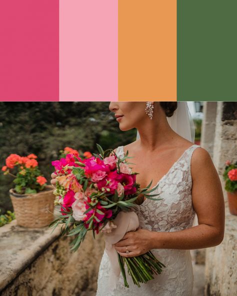 Exotic Liras Pink, Saira Red, Fall River, and Jungle Adventure Green Floral Color Palette | Image by Carlos Elizondo Sage Orange Fuchsia Wedding, Pink Orange White Green Wedding, Emerald Pink Orange Wedding, Fuscia Wedding Palette, Green Pink And Orange Wedding, Red Orange Pink Wedding Color Palettes, Summer Wedding Color Palette 2025, Green And Pink Wedding Colors, Green And Pink Wedding Theme