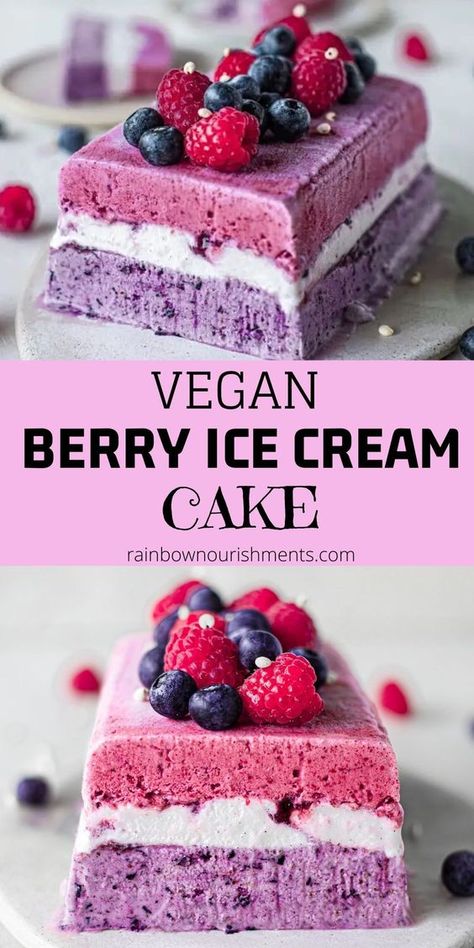 Easy vegan berry ice cream cake with a hint of 'cheesecake' made with only 4-5 ingredients! The vibrant colours makes it a perfect centrepiece for celebrations. via @rainbownourish Vegan Ice Cream Cake Recipe, Easy Vegan Ice Cream, Vegan Ice Cream Cake, Vegan Ice Cream Recipes, Berry Ice Cream, Vegan Nice Cream, Vegan Birthday, Vegan Ice Cream Recipe, Cake Recipes At Home