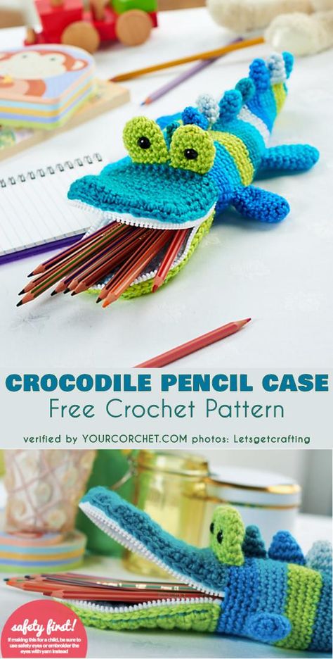 Crocodile Pencil Case Free Crochet Pattern #freecrochetpatterns #crochettoy #pencilcase #hookcase #amigurumipattern Knitting Bag Tutorial, Crochet Crocodile, Crochet Pencil Case, Crochet Studio, Crochet Pencil, Crochet Hairband, Crocheted Bags, Bags Pattern, شال كروشيه