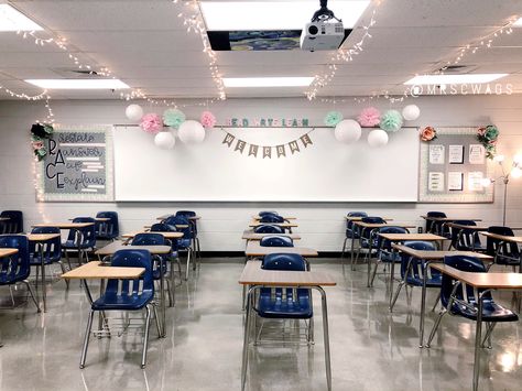 Pink, mint, and navy classroom decorations. Paper flowers, paper lanterns, and banners for the high school English teacher. Writing decorations, modern decor Classroom Lantern Decor, Paper Lanterns Classroom Decor, Classroom Decor High School Aesthetic, Lanterns In Classroom, Classroom High School Design, Teacher Room Ideas High School, Diy Classroom Decorations High School, Eal Classroom, Modern Classroom High School