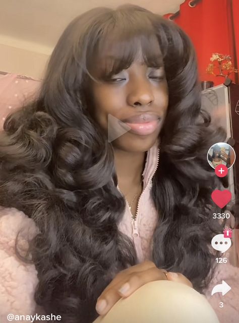 Big Fluffy Curls Black Women, Curly Wigs With Bangs For Black Women, Diva Curls Hairstyles, Curly Weave Hairstyles With Bangs, Body Wave With Bangs Black Women, Big Poofy Curly Hair, Fluffy Wigs For Black Women, 70s Curls Black Women, Bombshell Hair With Bangs