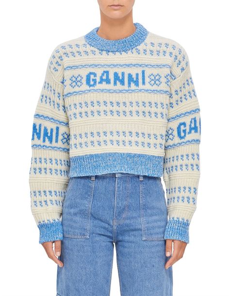 Shop the Ganni Graphic Lambswool Cropped O-neck Sweater online at David Jones with express delivery available* or in-store click and collect. Cashmere Sweater Men, Sweaters Online, Fitted Blazer, Strap Tops, Women's Wardrobe, Cropped Cardigan, Vest Top, Contrast Stitch, Quality Fashion