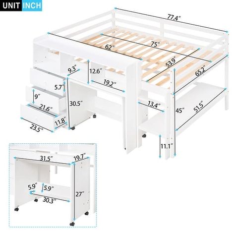 Full Size Low Loft Bed with Rolling Portable Desk - Bed Bath & Beyond - 41110248 Loft Bed Ideas For Small Rooms, Loft Beds For Small Rooms, Trundle Bed With Storage, Study Supplies, Low Loft Bed, Open Cabinet, Home Goods Furniture, Loft Bed Frame, Desk Drawers