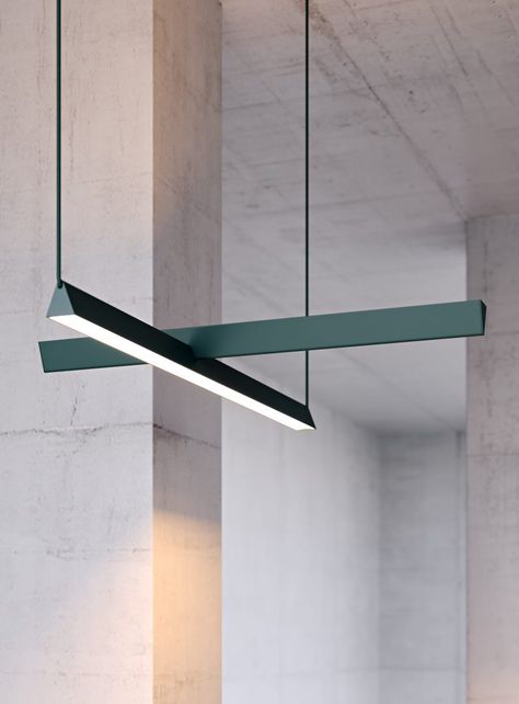 Two linear lights overlap to form this cross-shaped pendant light, created by Guillaume Sasseville. Modern Lamp Design, Blitz Design, Linear Pendant Lighting, Milan Furniture, Bedroom Lights, Deco Luminaire, Light Hanging, Lampe Decoration, Garage Lighting