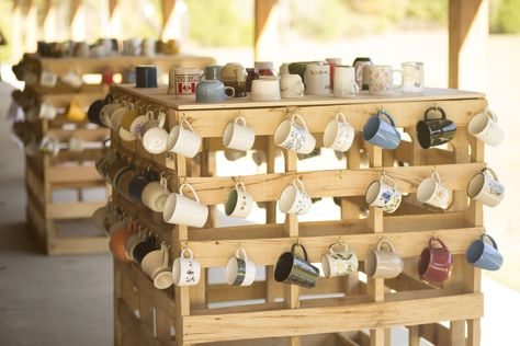 Mug Wall Display Wedding, Wedding Mug Favors, Coffee Mug Display Wedding, Coffee Mug Wedding Favor Display, How To Display Coffee Mugs, To Have And To Hold Mug Wall Wedding, Wedding Mug Wall, Mug Wall Wedding, Coffee Mug Wedding Favors