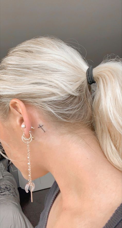 Small Cross Neck Tattoo, Cross Behind Ear, Cross Tattoos Behind Ear, Cross On Back Of Neck, Cross Tattoo Behind The Ear, Behind Ear Cross Tattoo, Behind The Ear Cross Tattoo, Neck Cross Tattoo, Cross Tattoo On Back