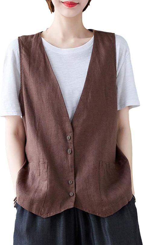 Zontroldy Womens Cotton Linen Vest Casual Loose V Neck Sleeveless Vests Jacket Blazer Waistcoat with Pockets(0164-02Coffee-S) at Amazon Women's Coats Shop Linen Vests For Women, Linen Vest Outfit, Vest Fashion Women, Sew Vest, Linen Coats Women, Blazer Waistcoat, Vest Style Women, Sleeveless Vest Jacket, Loose Vest