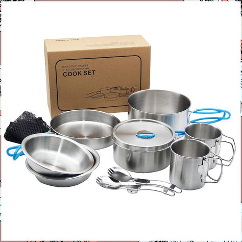 BEFOY Stainless Steel Camping Cookware Mess Kit Durable Pot Pan Cup Folding Spoon Nylon Bag for Cooking, Outdoor Camping Hiki Mess Kit Camping, Camping Cooking Gear, Campfire Grill, Mess Kit, Hiking Picnic, Picnic Essentials, Camping Cooking, Cookware Set Stainless Steel, Camping Cookware