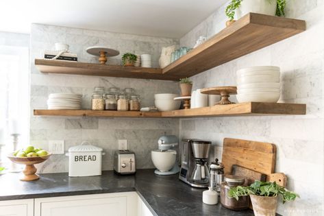 Classic Meets Rustic Kitchen Makeover Wooden Kitchen Shelves, Rustic Kitchen Makeover, Floating Shelf Ideas, Semi Custom Cabinets, Classic White Kitchen, Floating Shelves Kitchen, Kitchen Desks, Styling Shelves, Open Kitchen Shelves