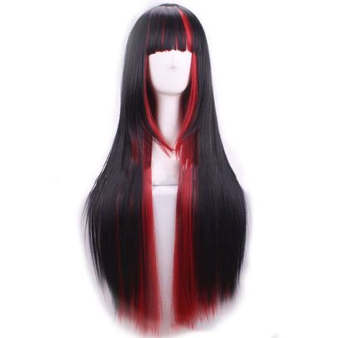 Red Long Hair With Bangs, Red And Black Hair With Bangs, Straight Black Hair With Bangs, Red And Black Wig, Black And Red Hair, Red Hair With Bangs, Boho Wedding Hair Accessories, Red Bangs, Black To Red Ombre