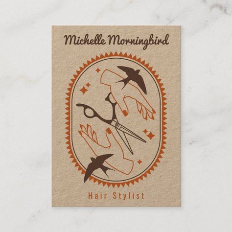 Introducing these Unique Hair Stylist Business Cards, designed to make a lasting impression on your clients and colleagues. These extraordinary business cards feature an exquisite artistic logo, combining the elegance of skilled hands, the precision of a pair of scissors, and the grace of swallow bird silhouettes, all seamlessly intertwined. Crafted in a harmonious palette of earthy colors, these cards exude a natural and grounded charm that sets them apart from the ordinary.  Make a lasting imp Business Card Design Hairstylist, Edgy Business Card Design, Business Cards Artist, Artsy Business Cards, Western Business Cards, Hairstylist Business Cards Ideas, Business Card Aesthetic, Boho Business Cards, Cosmetology Business Cards