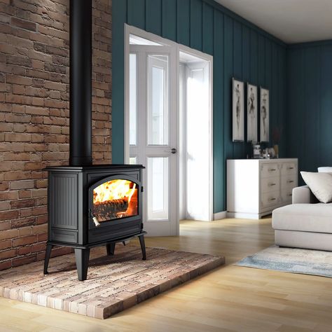 Cast Iron Wood Stove, Stove Hearth, Hearth Ideas, Wood Stove Hearth, Wood Burning Stoves Living Room, Stove Ideas, Cabin Remodel, Fire Wall, Refractory Brick