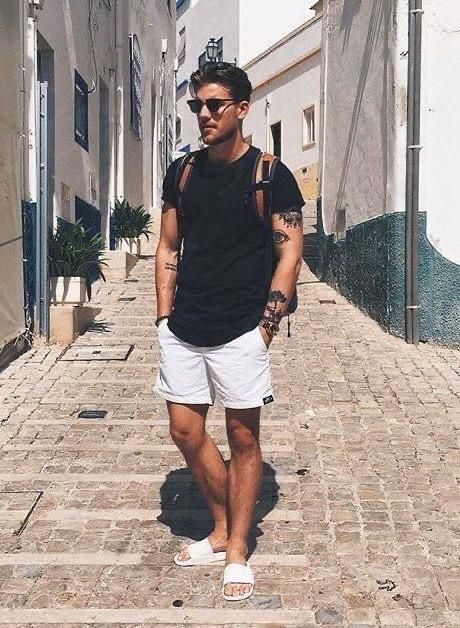 Simple Men’s Summer Fashion, Plain Shirt And Shorts Outfit Men, Mens Athleisure Outfits Summer, Black And White Summer Outfits Men, Men Athleisure Outfits Summer, Europe Summer Outfits Men, Summer Men’s Fashion, Casual Men Outfits Summer, Men Shorts Outfit Casual Street Styles