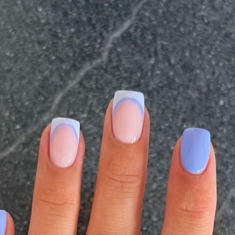 Aimee L Link on Instagram: "What’s better than a french mani? A double french 💅🏼💓 Using @glitterbels Cookie cream builder gel Martini, please Pastel blue Rings all @bohomoon 🩶 Save this for your next nail set 🩷 #bluenails #frenchmanicure #colouredfrenchtips #shortsquarenails #buildergel" French Manicure Blue, Double French Manicure, Martini Please, Short Square Nails, Builder Gel, French Manicure, Cookies And Cream, Blue Rings, Blue Nails