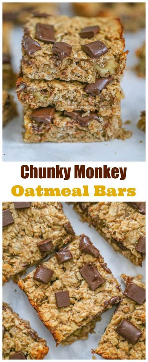 Looking for a healthy sweet snack you can feel good about?  These Healthy Chunky Monkey Oatmeal Bars are so simple and easy to make, you’ll be amazed how good they taste for breakfast and snacking!  All you need to make these scrumptious Healthy Chunky Monkey Oatmeal Bars are oats, peanut butter, bananas, a little maple syrup, chocolate chunks & walnuts. Save the chocolate chunks for the top of the bars to make ’em look pretty.  #vegan #oat...  via @https://www.pinterest.com/BaknChocolaTess/ Chunky Monkey Bars, Easy Banana Oat Bars, Chunky Monkey Banana Baked Oatmeal, Healthy Bar Recipes, Banana Peanut Butter Oatmeal Bars, Healthy Bars Recipes, Banana Oat Breakfast Bars, Oatmeal Banana Bars, Banana Breakfast Bars