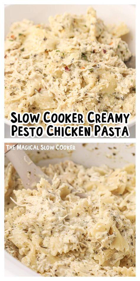 Turn ordinary chicken pasta into Creamy Pesto Chicken Pasta with one ingredient - pesto sauce! And with a few other ingredients and short steps, you'll have a delicious meal ready for the dinner table in no time. - The Magical Slow Cooker Crockpot Pesto Chicken, Chicken Basil Pasta, Creamy Pesto Chicken, Creamy Pesto Chicken Pasta, Basil Pesto Pasta, Magical Slow Cooker, Creamy Pesto Pasta, Crockpot Pasta, Pesto Tortellini