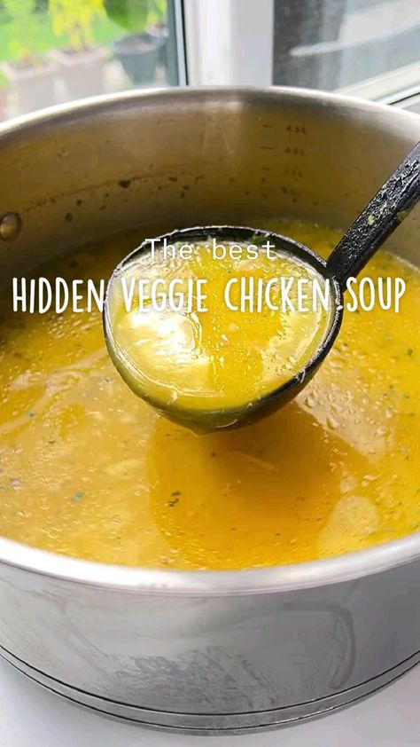 This hidden veggie chicken soup is the ultimate comfort foodand the best dinner recipe for this fall and cold daysNot only is it easybut it has the most stunning colour because of the blended and hidden veggiesThis soup is for anyone that is super picky with veggies and wants a delicious and smooth texture. Veggie Chicken Soup, Soup For Sick, Eat When Sick, Hidden Vegetable Recipes, Chicken Soup Recipes Homemade, Chicken Soup Recipes Easy, Veg Soup, Best Dinner, Hidden Veggies