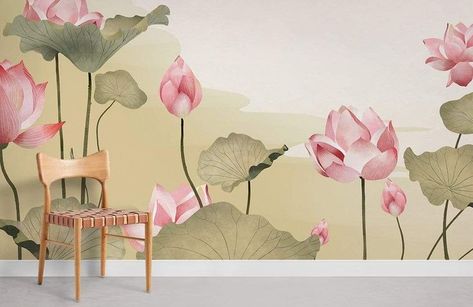 Home decor bedroom background wallpaper design ideas - wallpainting design ideas Lotus Wall Design, Lotus Mural Wall Art, Lotus Wall Mural, Lotus Mural Painting, Lotus On Wall, Lotus Painting On Wall, Lotus Wall Painting, New Design Wallpaper, Latest Wallpaper Designs