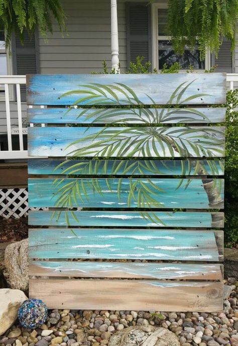 BREATHTAKING BEACH THEMED GARDEN IDEAS - 58 Haus Am See, Wood Pallet Art, Beach Room, Coastal Beach Decor, Beachy Decor, Beach Diy, Pallet Crafts, Pallet Painting, Wood Pallet Projects