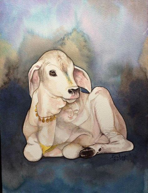 Krishna Krishna Cow Painting, Indian Cow Painting, Krishna With Cow, Ancient Drawings, Spiritual Paintings, Ganesh Art, Hinduism Art, Pichwai Paintings, Krishna Radha Painting